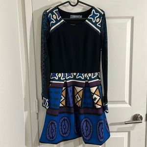 Lulu-H dress sheer sleeves, blue, yellow, purple patterns.